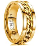 King Ring 8mm Gold Spinner Ring – Fine Polished Flat Fidget Ring for Men & Women with Cuban Chain, Stainless Steel Ring – Gold 10