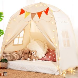 Large Toddlers Bed Tent Canopy: with Lights and Flags for Girls and Boys House Gifts - Monobeach Kids Play Tent Indoor Princess Toys - Portable and Foldable Children Playhouse Outdoor