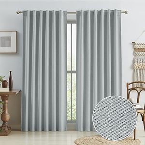 Blackout Linen Curtains Grey, Full Shade Complete Light Blocking Drapes 90 Inches Long, Heat Saving Energy Efficient Sound Deadening Drapes Back Tab Hook Belt(Light Gray, W50 x L90,2 Panels)