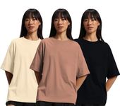 JUNEBERRY® Pure Cotton Drop Shoulder Oversized Baggy Fit Half Sleeve Plain Solid Round Neck Multicolor T-Shirt for Women & Girls (Pack of 3) (PO3_OS_J_BK_SW_CR_XXL)