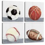 Boys Room Wall Decor Sports Decor for Boys Bedroom Rustic Soccer Football Baseball Basketball Canvas Pictures Kids Wall Art Vintage Ball Painting Nursery Playroom Artwork Home Decorations 12x12" 4 Pcs