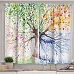Ambesonne Tree Kitchen Curtains, Watercolor Nature Colorful Blooming Branches 4 Seasons Themed Illustration Print, Window Drapes 2 Panel Set for Kitchen Cafe Decor, 55" X 39", White Green