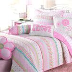 Cozy Line Home Fashions 6-Piece Quilt Bedding Set, Pink Green Pastel Polka Dot Flower 100% Cotton Bedspread Coverlet, Gifts for Kids Girls(Full/Queen- 6pc: 1 Quilt + 2 Shams + 3 Decorative Pillows)