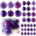 Purple Christmas Ball Ornaments for Christams Decorations - 36 Pieces Xmas Tree Shatterproof Ornaments with Hanging Loop for Holiday and Party Deocation (Combo of 6 Styles in 3 Sizes)