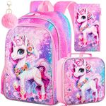 3PCS Unicorn Backpack, 16" Sequin Kids Bookbag for Girls and Lunch Box, Water Resistant Preschool Backpacks for Elementary Students - Unicorn Pink