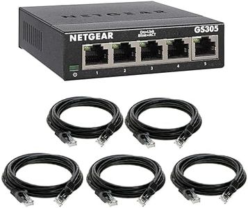 NETGEAR 5-Port Gigabit Ethernet Unmanaged Switch (GS305) + 5-Pack Snagless Short Cat 6 Ethernet Cable 10ft ($75 Value Bundle), Plug & Play, Network Hub, Ethernet Splitter, Fanless Metal Design