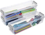 BTSKY Long Plastic Stackable Box Home, Office Supplies Storage Organizer Box Pencil Box Plastic Organizer Holder for Gel Pens Erasers Tape Pens Pencils Markers etc- 3 Pack - Clear with Grey Clip