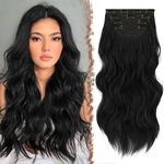 FESHFEN Clip in Hair Extensions 4PCS Black Thick Hair Piece Long Wavy Clip in Extensions Full Head Synthetic Fiber Hairpieces for Women, 20 Inch 180g