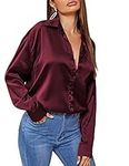 Chigant Satin Silk Blouse Button Down Shirts Casual Loose Tunic Top Wine Red