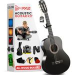 Pyle Beginner Acoustic Guitar Kit, 4/4 Full Size All Wood Build Nylon String Instrument with Capo, Gig Bag, Strap, Extra String Set, Guitars for Beginners Adults and Youth, 40" Black Gloss