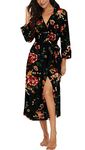 PrinStory Women Kimono Robes Long Knit Bathrobe Soft Womens Dressing Gowns V-Neck Sleepwear Casual Ladies Loungewear (Flower Print Brown Black, L)