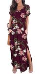 GRECERELLE Women Maxi Long Dress Summer Casual Beach Boho Short Sleeve V Neck Maxi Dresses with Pocket (FP Wine Red, L)