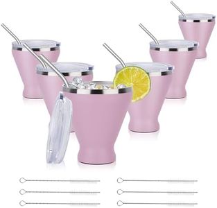 SuperCook Stainless Steel Martini Glass with Lid, Double Wall Vacuum Insulated Stemless Cocktail Glasses, Stay Icy Cold Wine Tumbler with Straw, Set of 6, 12 Oz, Pink