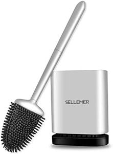 Sellemer Toilet Brush and Holder Set - Flexible Toilet Bowl Brush Head with Silicone Bristles, Compact Size for Storage and Organization, Ventilation Slots Base (1 Pack, Silver)