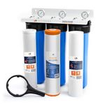 Aquaboon 3-Stage Whole House Water Filter System | Sediment&CTO 5 Micron Water Filters 20x4.5" & Premium Iron & Manganese Filter - w/Wrench, White Bracket & Pressure Gauges & Release Buttons (1" Port)