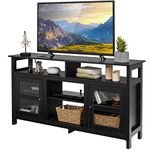 COSTWAY TV Stand for TVs up to 65", Wooden Television Media Entertainment Center with 4 Open Shelves & 2 Side Cabinet, Living Room Bedroom TV Unit Console Table for 18" Electric Fireplace (Black)