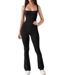 Tanou Flare Jumpsuits for Women Square Neck Tank Top Bodycon Full Length Casual Unitard Playsuit, Black