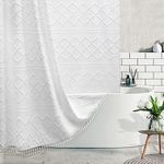 Boho White Woven Fabric Shower Curtain with Tassel 72 x 72 Modern Farmhouse Minimalist, Tufted Chevron Striped Shabby Chic Textured, Water Resistant Cloth Curtain for Bathroom, Hotel Decor