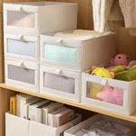 4 Pack Linen Storage Bins, Wardrobe Clothes Organizers, Foldable Storage Baskets, Closet Storage Containers with Clear Window for Organizing Clothes, Jeans, Books