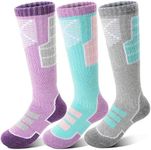 Anlisim Kids Merino Wool Ski Socks for Girls Boys Teen Thermal Winter Warm Thick Hiking Knee High Socks Stocking Stuffers for Skiing Snowboarding(Grey/Purple/Green,4-7 Years)