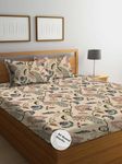 DECOMIZER Cotton Feel Glace Cotton Elastic Fitted Printed King Size Double Bed Bedsheet with 2 Pillow Coverm Fits Upto 8 inches Mattress,Size- 72x78x10 Inches,Beige Anokhi