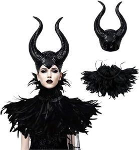 UQJE Black Gothic Witch Costume Raven Costume Halloween Feather Shawl Mesh Cape with Horns Set