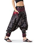 The Veshti Company Boho Harem Pants for Women's Cotton Regular Fit Low Crotch Baggy Hippie Style Printed Yoga Pants with Pocket, Black-Dark Water, L