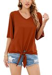 SUEANI Women's Tie Front Tops Summer V Neck 3/4 Bell Sleeve Shirt Blouse(Large, VG Rust red)