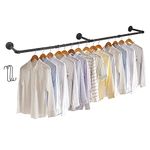 unho Wall Mounted Clothes Rail: Industrial Pipe Clothing Hanging Rod Heavy Duty Garment Rack Metal Cloth Display Hanger Pole Length Adjustable Clothes Bar for Home Retail Display Closet Storage Black