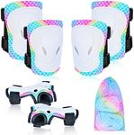 Knee Pads for Kids Elbow Pads Wrist Guards with Drawstring Mesh Bag, 7 in 1 Protective Gear Set for Girls Boys for Skating Cycling Rollerblading Scooter, 3-8 Years (Rainbow Mermaid)