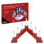 Idena 31604 - Red Painted Wood LED Advent Candle Holder with 7 Warm White LED Candles, Candle Bow with Spare Bulb and Switch, Christmas Decoration for Interior