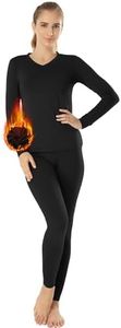MANCYFIT Womens Thermal Underwear Long Johns Set with Fleece Lined Ultra Soft V Neck Black Small