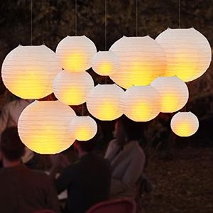 DazzLiteer 12pcs White Paper Lanterns with LED Light, Decorations Round Hanging Paper Lantern Lamps for Birthday, Wedding, Party, Home Decorations (Size of 8”, 10”, 12”)