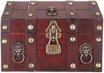 Treasure Chest Box, Vintage Wood Metal Pirate Treasure Chest Storage Box with Combination Lock, Handcraft Multifunctional Decorative Jewelry Box with Lid for Home Office Decor (Vintage Red)