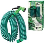 Sizi Retractable Garden Coil Hose Pipe Expandable 7 Function Water Spray Gun Flexible Plant & Flower Watering Patio Decking Cleaning (15M), Green