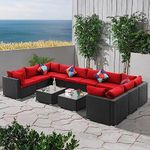 LOCCUS 6PCS Outdoor Wicker Rattan Furniture Set Cushioned Sectional Sofa,Corner Sofa with Center Table for Garden/Park/Porch/Poolside/Backyard (Black and Red Color)