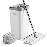 JOYMOOP Mop and Bucket with Wringer Set, White Flat Squeeze Mop Bucket Set for Floor Cleaning, Wall Cleaner with Long Handle, Hardwood Floor Mop, Flat Head Mops -4 Microfiber Cloths