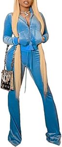 Women Casual Two Piece Set Velour Kangaroo Pocket Top Bodycon Bell Bottom Pants with Pockets Loungewear Blue XS