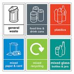 6 Self Adhesive Multi Recycling Bin Stickers, Waterproof Labels for Waste Bins, Food, Plastics, Mixed Paper and Card, Mixed Glass and General Waste 6 Decals, 150 x 100mm