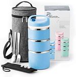 Lille Home Stackable Stainless Steel Thermal Compartment Lunch/Snack Box, 3-Tier Insulated Bento/Food Container with Lunch Bag, Cutlery Set and 3 Extra Seals, 43OZ (Blue)