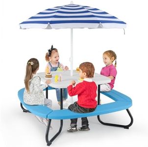Costzon Kids Picnic Table, 8 Person Kids Outdoor Table and Chairs with Foldable & Adjustable Umbrella, 4 Built-in Benches, Toddler Outdoor Furniture for Backyard, Patio, Garden (Blue)