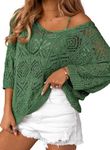 Dokotoo Women's 2025 Spring Summer Crochet Hollow Out 3/4 Sleeve Pullover Sweater Off Shoulder T-Shirts Country Concert 0utfits for Women Bathing Suit Cover Up for Women Dark Green Small