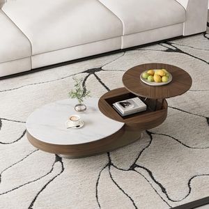 VAFON Modern Round Coffee Table, 52W x 29D x 14.8H inches, Walnut Wood Frame with Marble Top, Hidden Storage, Living Room