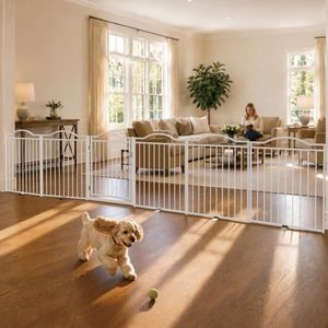 No Pawblems Free Standing Dog Gate & Dog Playpen, 6-Panel Foldable Metal Pet Fence with Door for Indoor Outdoor, Extra Wide Pet Gate for Stairs, Doorways, Deck, Yard, 156" W x 30 H, White