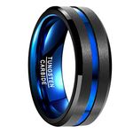 VAKKI 8mm Black Tungsten Rings for Mens Blue Groove Wedding Band Matte Finish Comfort Fit Size J 1/2