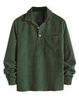 ZAFUL Men's Corduroy Shirts Solid Color 2023 Fall Half Button Long Sleeves Polo Shirt Casual Work Collared Shirt with Pocket, Deep Green, X-Large