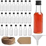 BELLE VOUS 24 Pack of Mini Liquor Bottles - Reusable Plastic 50ml Empty Spirit Bottles with Screw Caps, Jute Tags & Liquid Funnel for Easy Pouring/Filling - Miniature Bottles for Weddings and Parties