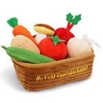 June Garden My First Vegetable Basket - 7 Pcs Plush Interactive Pretend Play Food Playset - includes Basket Carrier, Cucumber, Carrot, Tomato, Potato, Mushroom, Radish and Garlic - Ages 2+