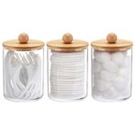 Tbestmax 10 Oz Cotton Swab/Ball/Pad Holder, Qtip Apothecary Jar, Clear Bathroom Containers Dispenser for Storage 3 Pack Wood Lids