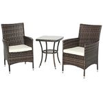 Outsunny 3 Pieces Rattan Bistro Set, Wicker Garden Furniture Set with 2-Tier Coffee Table and Chairs, Cushions, for Outdoor Patio Balcony, Brown